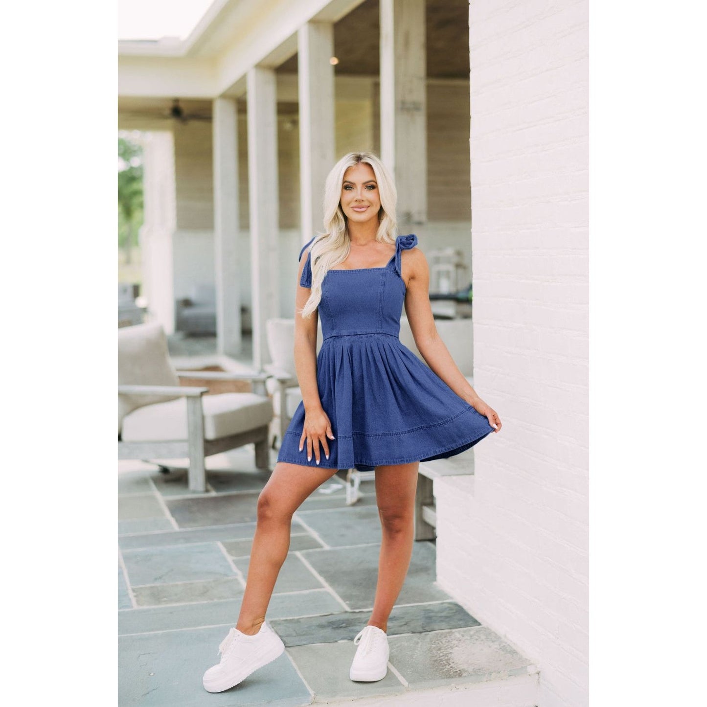 Square Neck Tie Shoulder Denim Dress