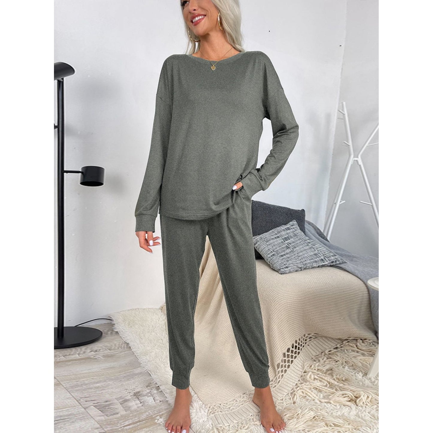 Shiny Round Neck Top and Drawstring Pants Lounge Set