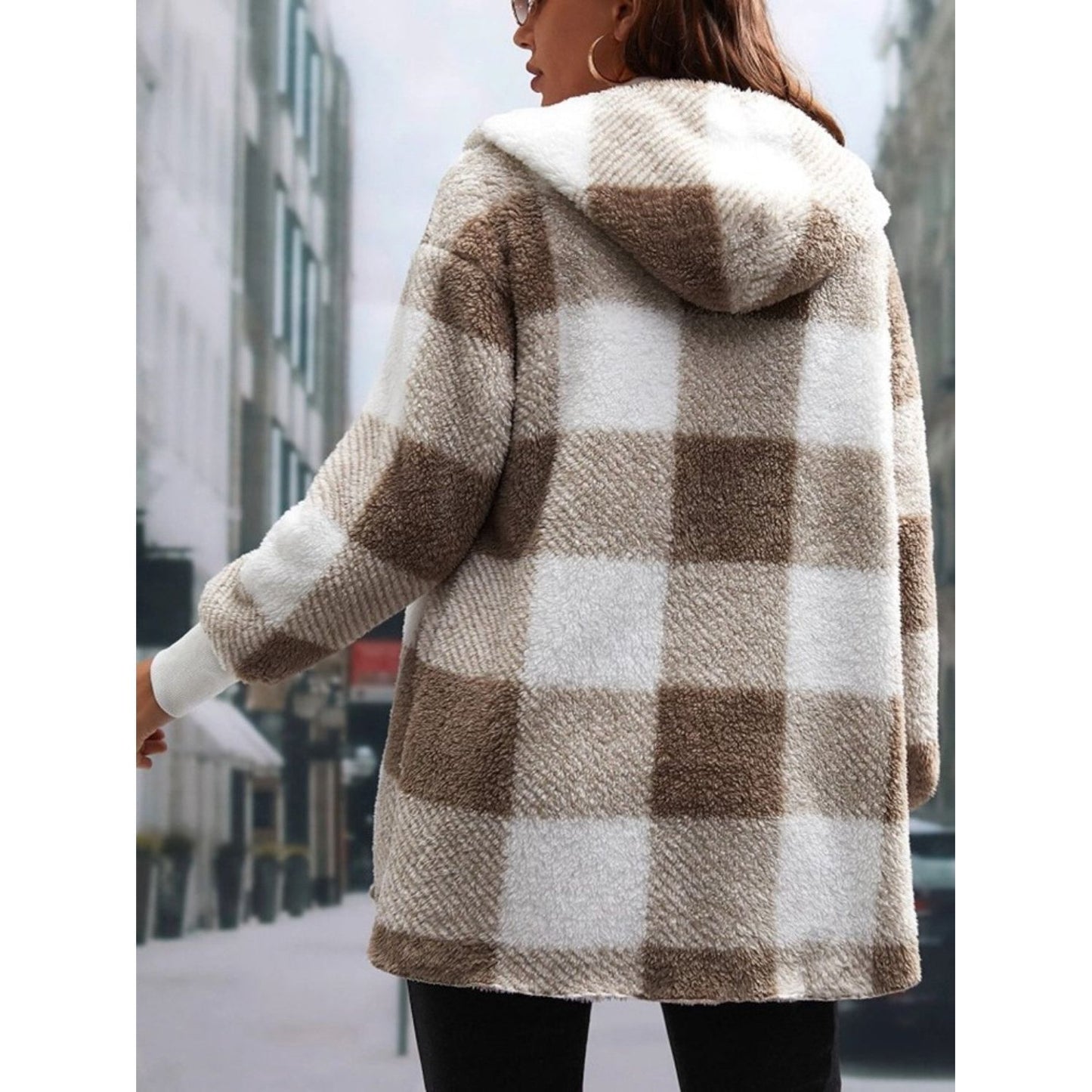 Plaid Long Sleeve Hooded Coat