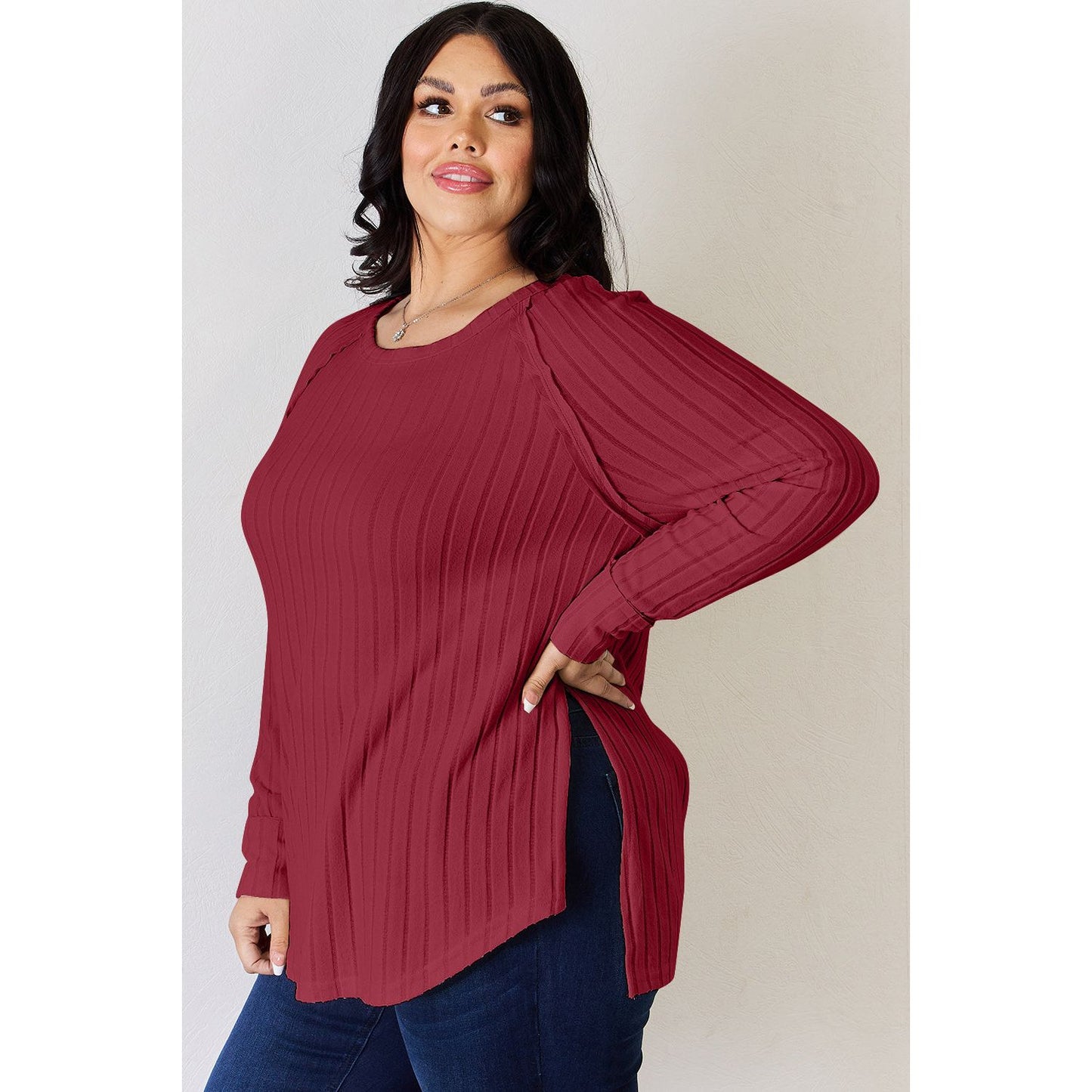 Basic Bae Full Size Ribbed Round Neck Slit T-Shirt