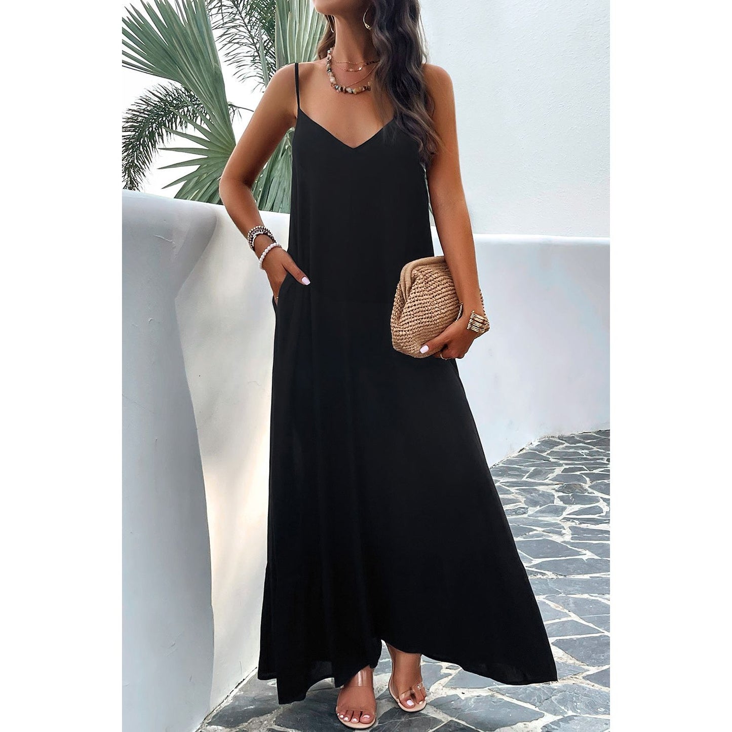 Backless Maxi Cami Dress with Pockets