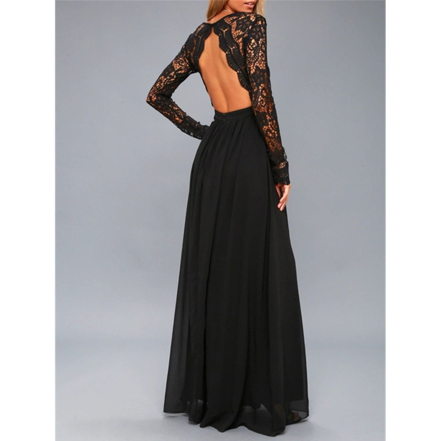 Lace Detail Backless Long Sleeve Maxi Dress