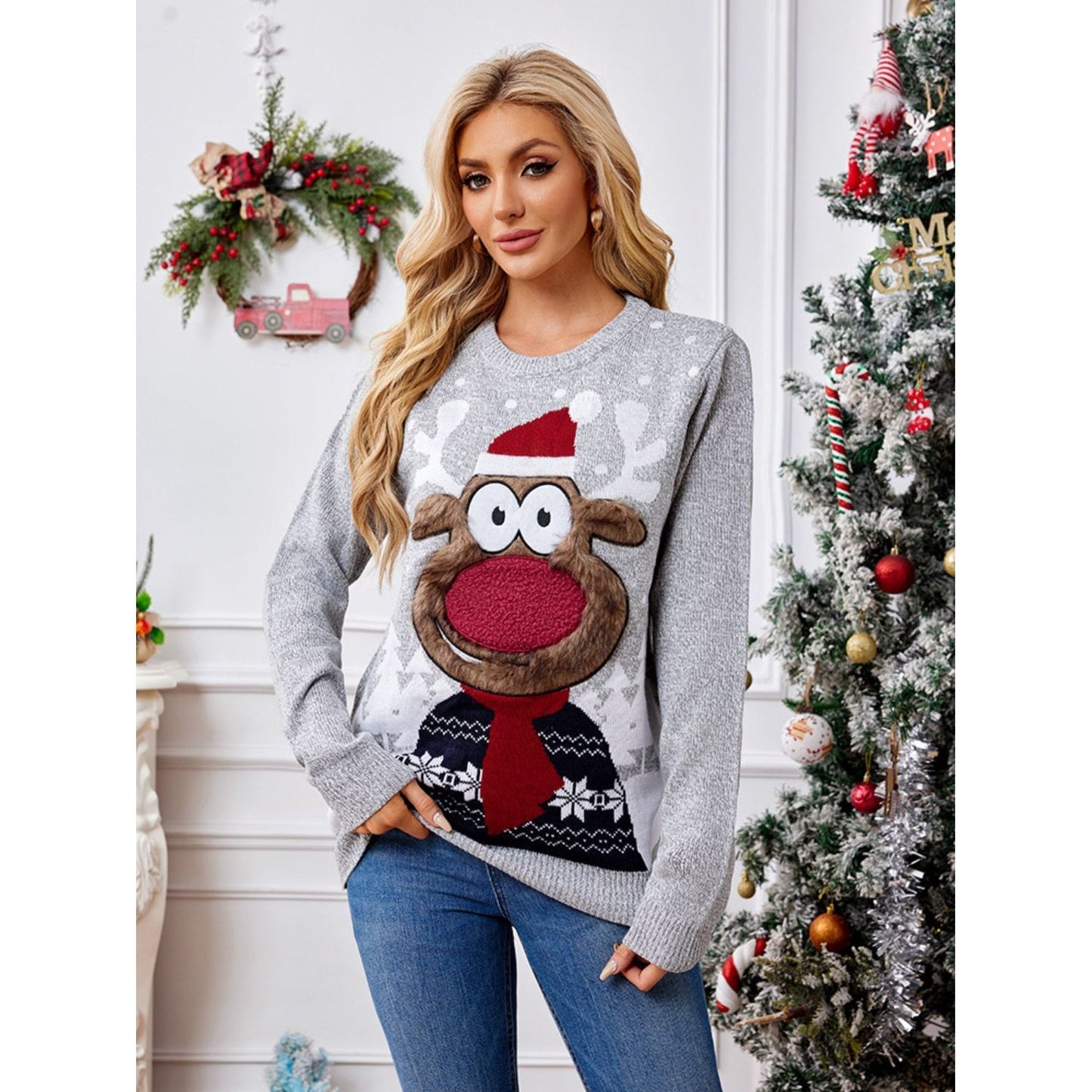 Reindeer Round Neck Long Sleeve Sweater