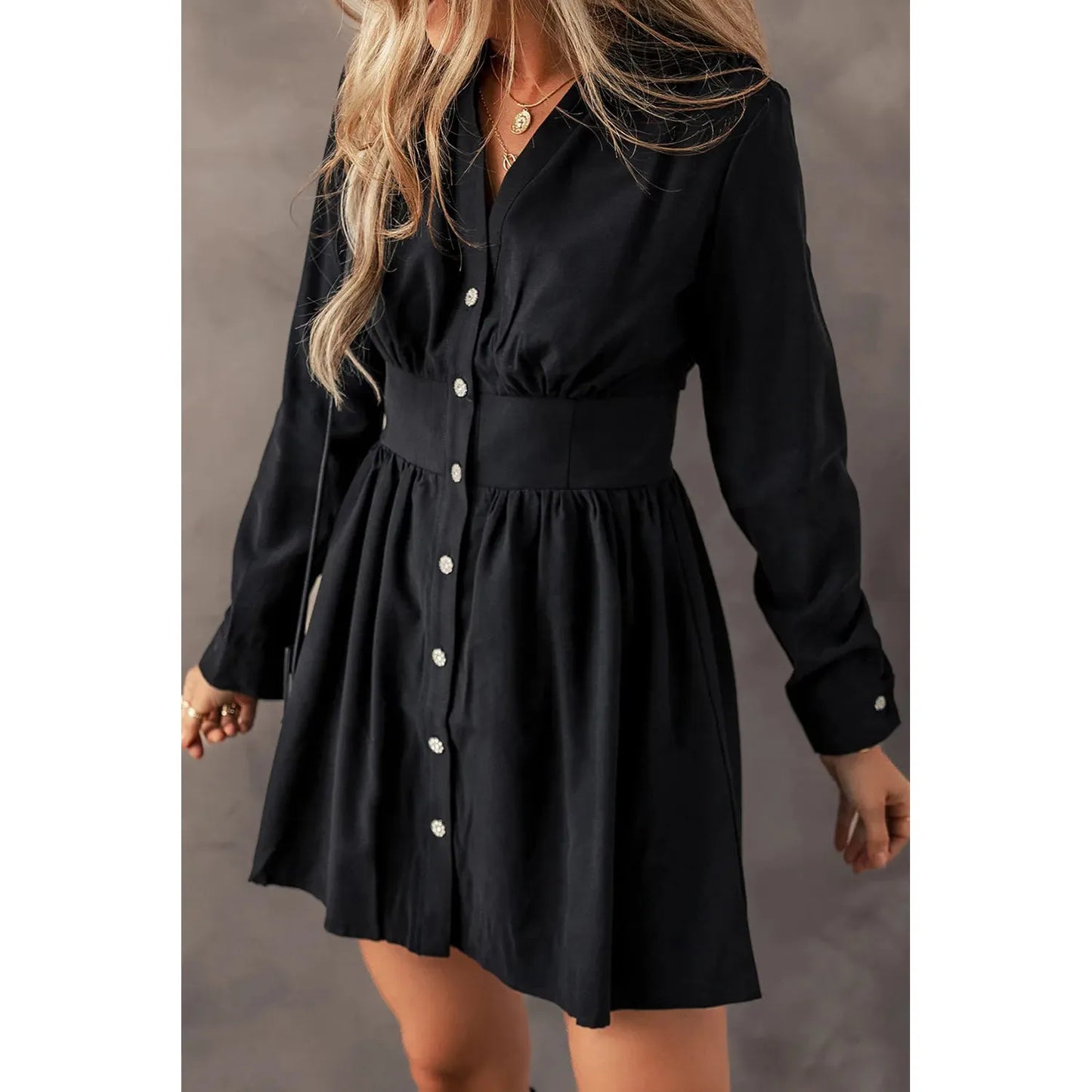 Ruched Button Up Long Sleeve Dress