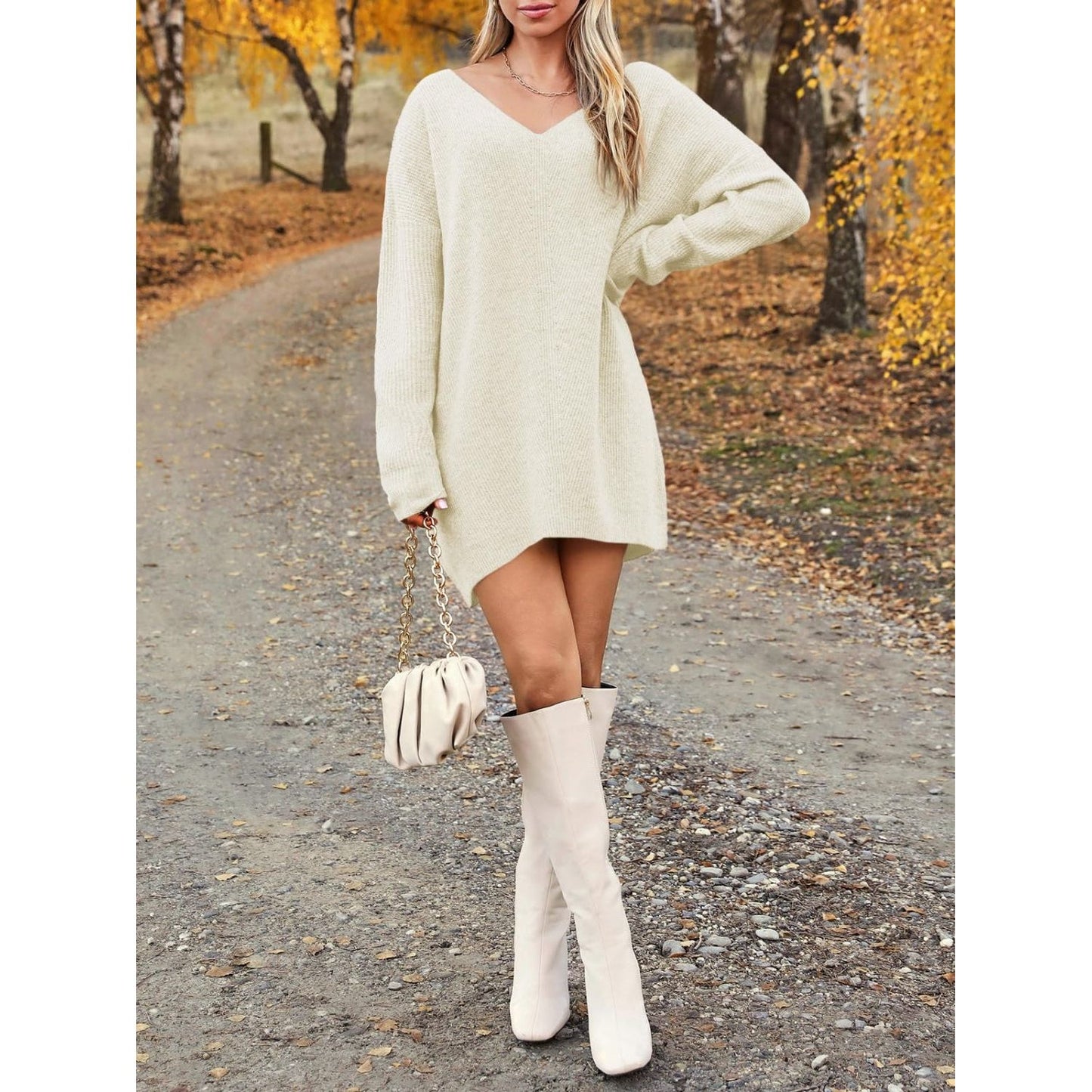 V-Neck Dropped Shoulder Sweater Dress