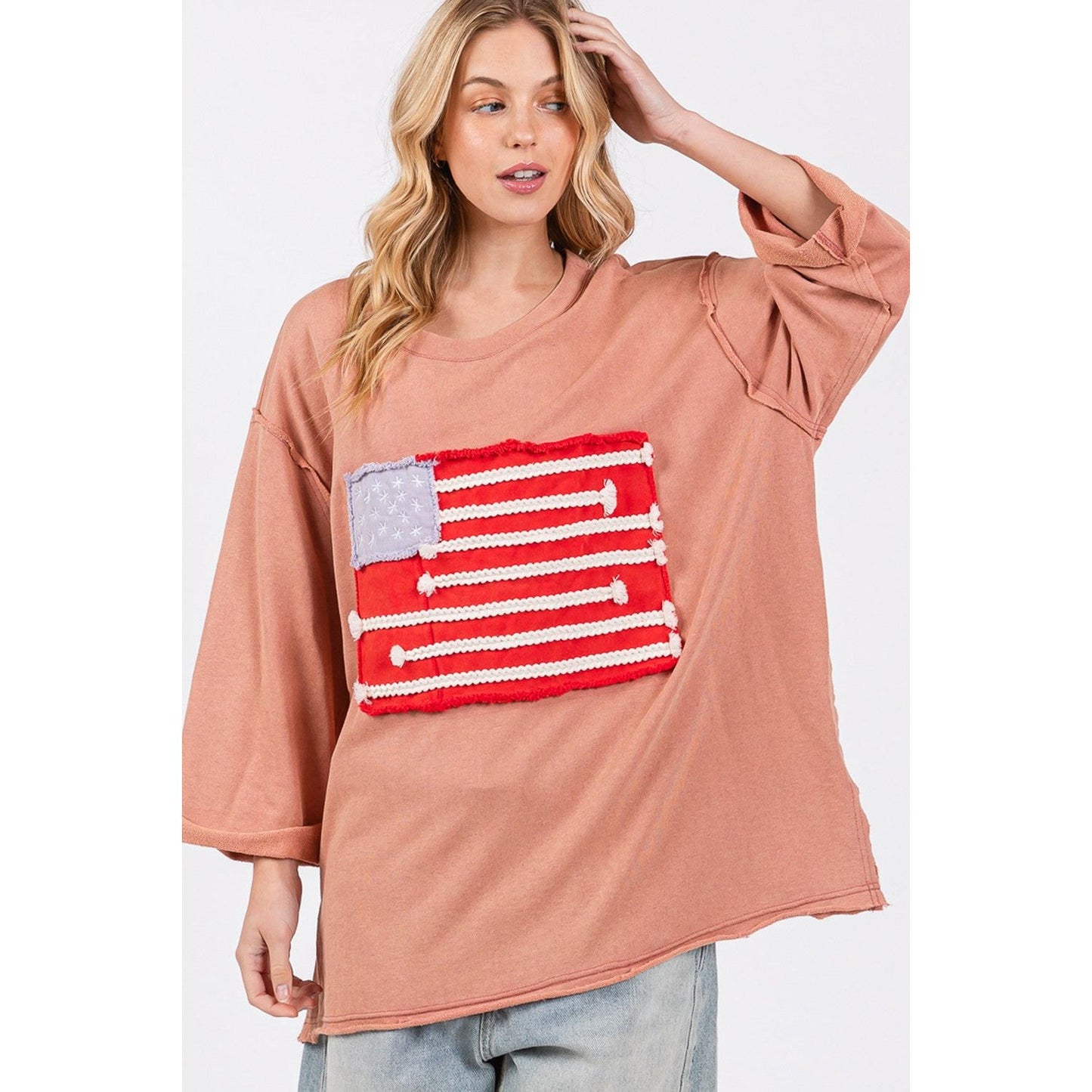 SAGE + FIG Full Size American Flag Patch Drop Shoulder T-Shirt