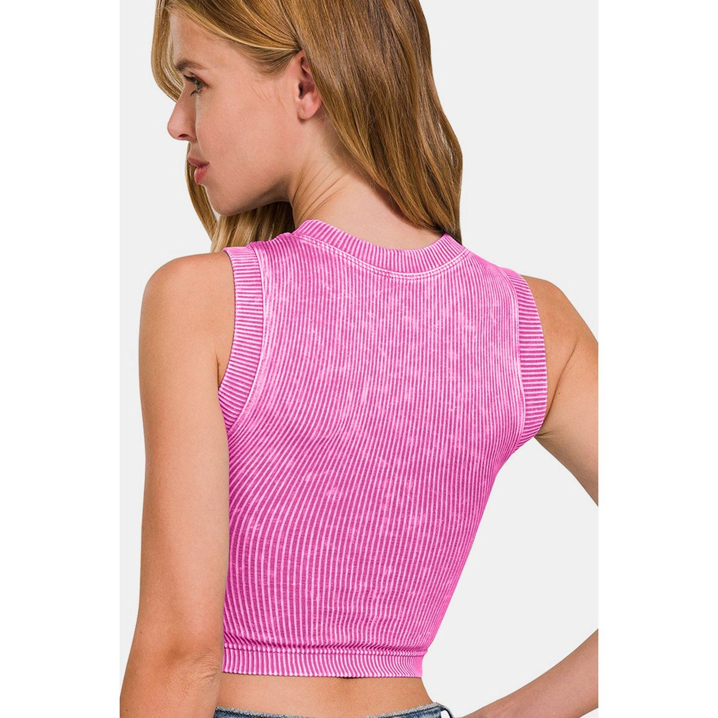 Zenana Washed Ribbed Seamless Crop Tank with Bra Pad