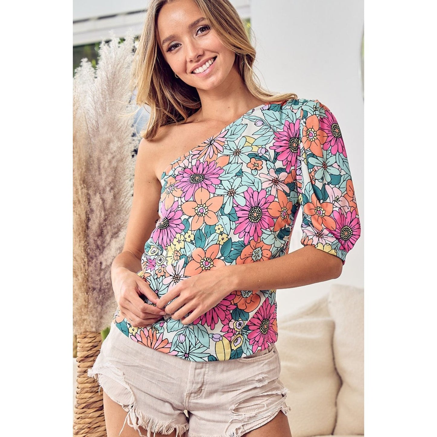 BiBi Floral Puff Sleeve One Shoulder Top