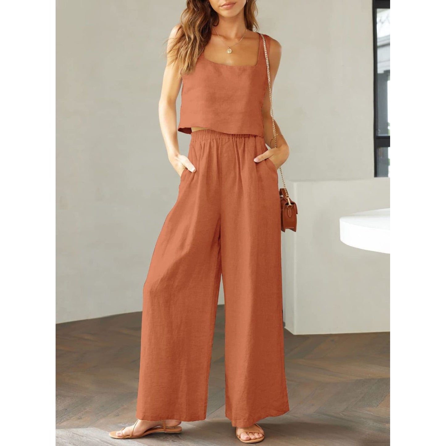 Square Neck Top and Wide Leg Pants Set