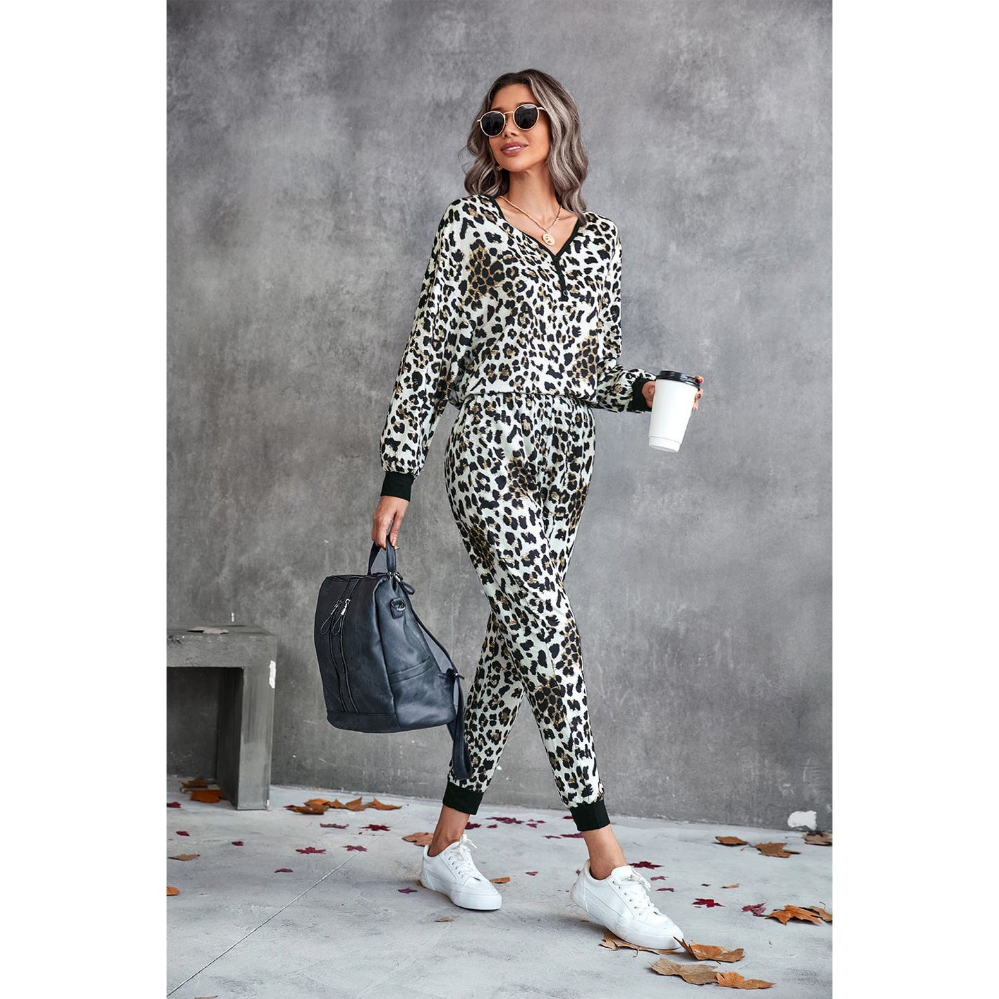 Leopard V-Neck Dropped Shoulder Loungewear Set