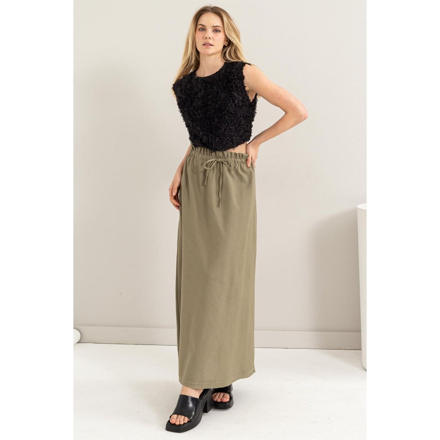 HYFVE Drawstring Washed Linen Maxi Skirt