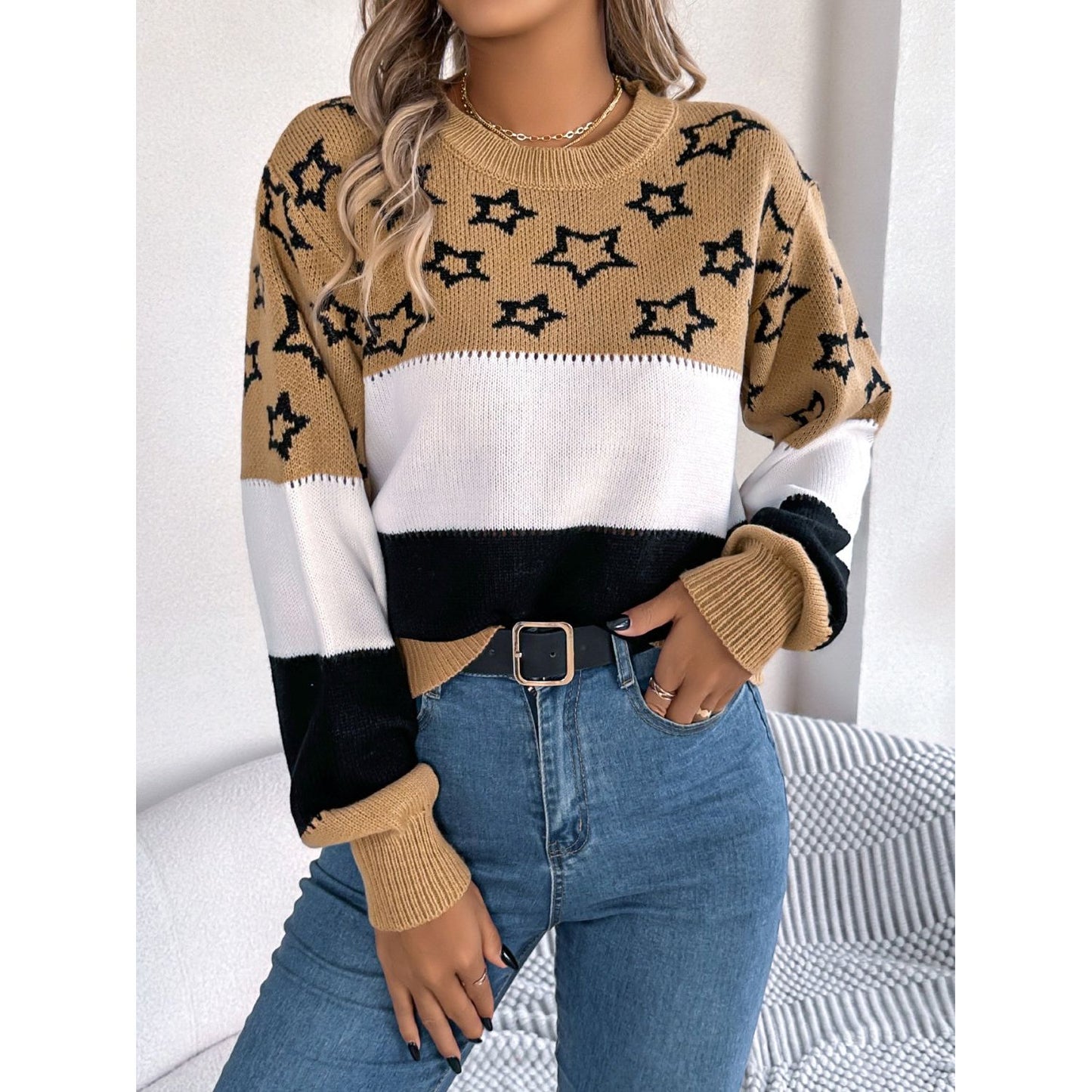 Star Contrast Round Neck Sweater