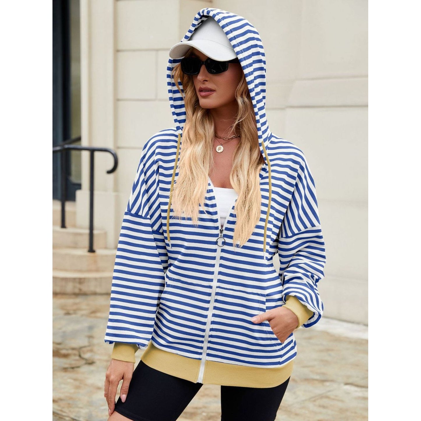 Drawstring Striped Zip Up Long Sleeve Hoodie