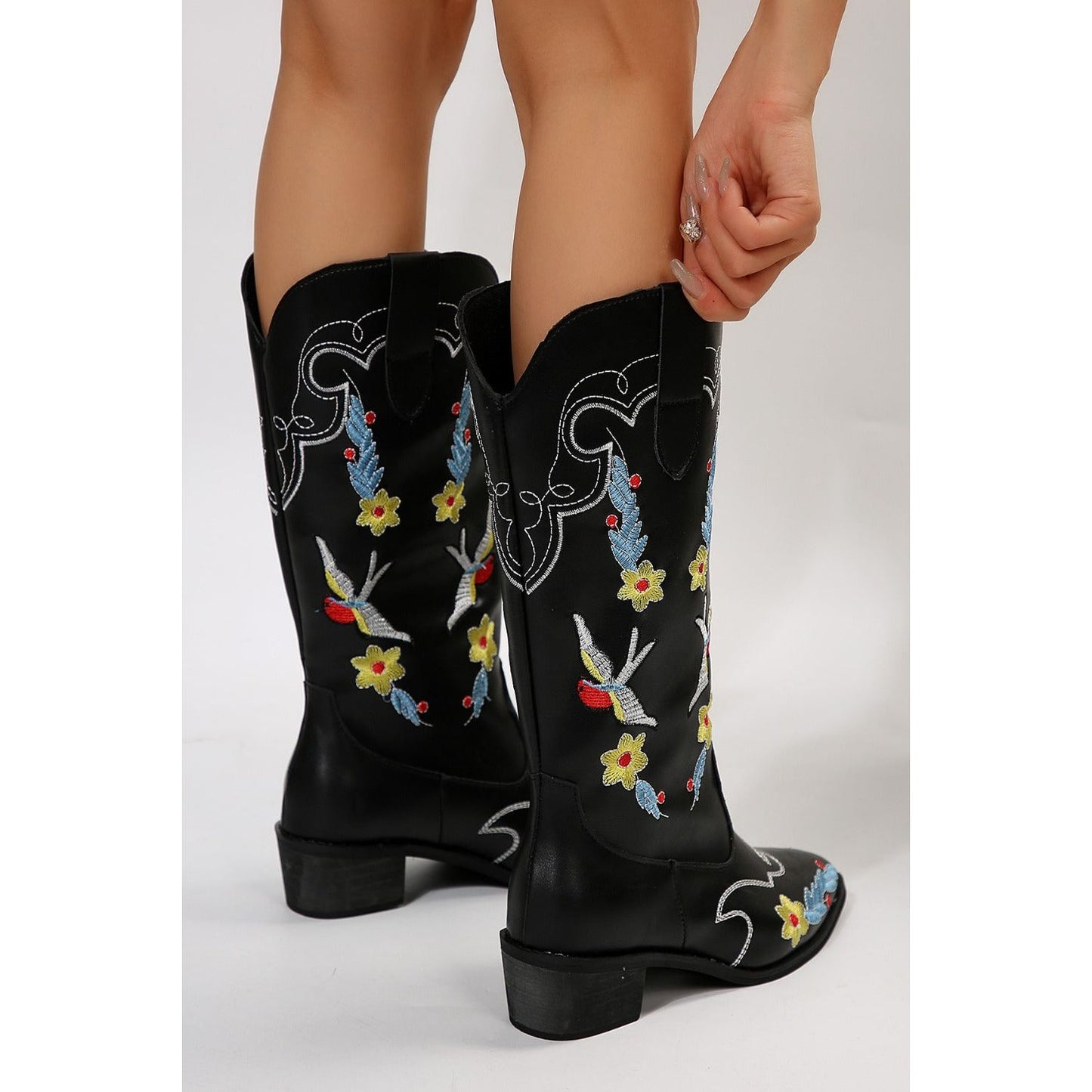 Embroidered Point Toe Block Heel Boots