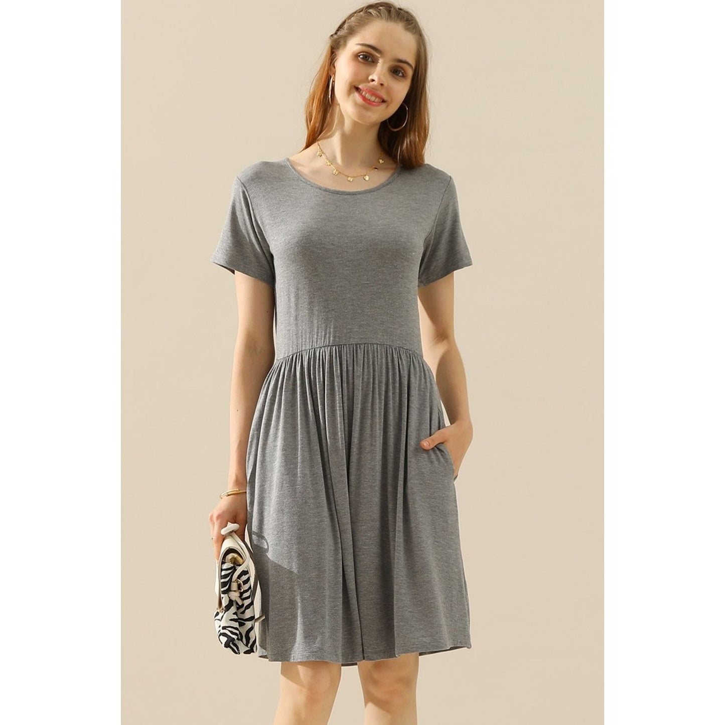 Ninexis Full Size Round Neck Ruched Dress with Pockets