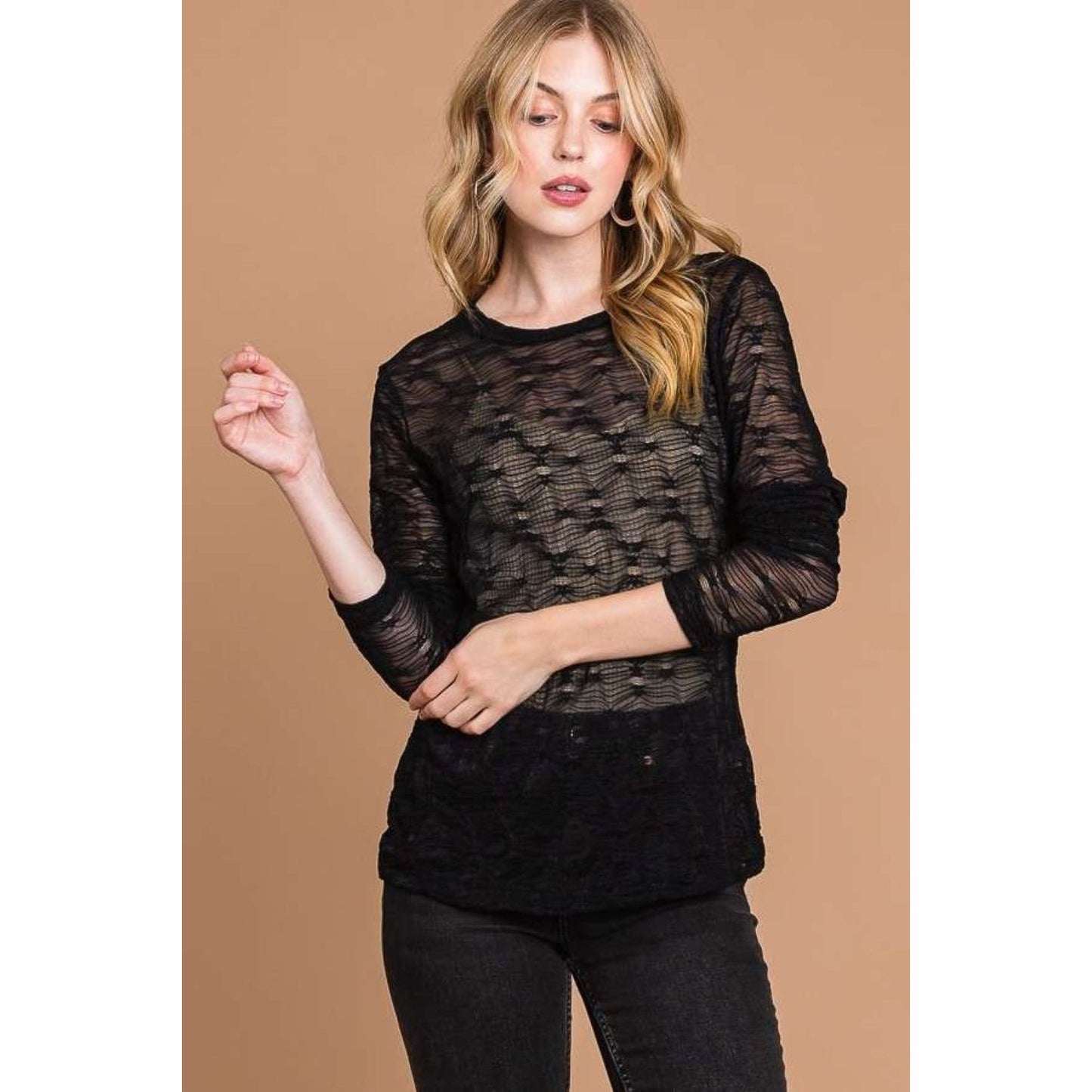 Culture Code Full Size Round Neck Mesh Perspective Top