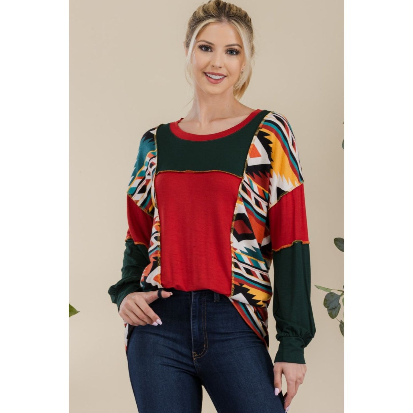 Celeste Full Size Exposed Seam Printed Color Block T-Shirt