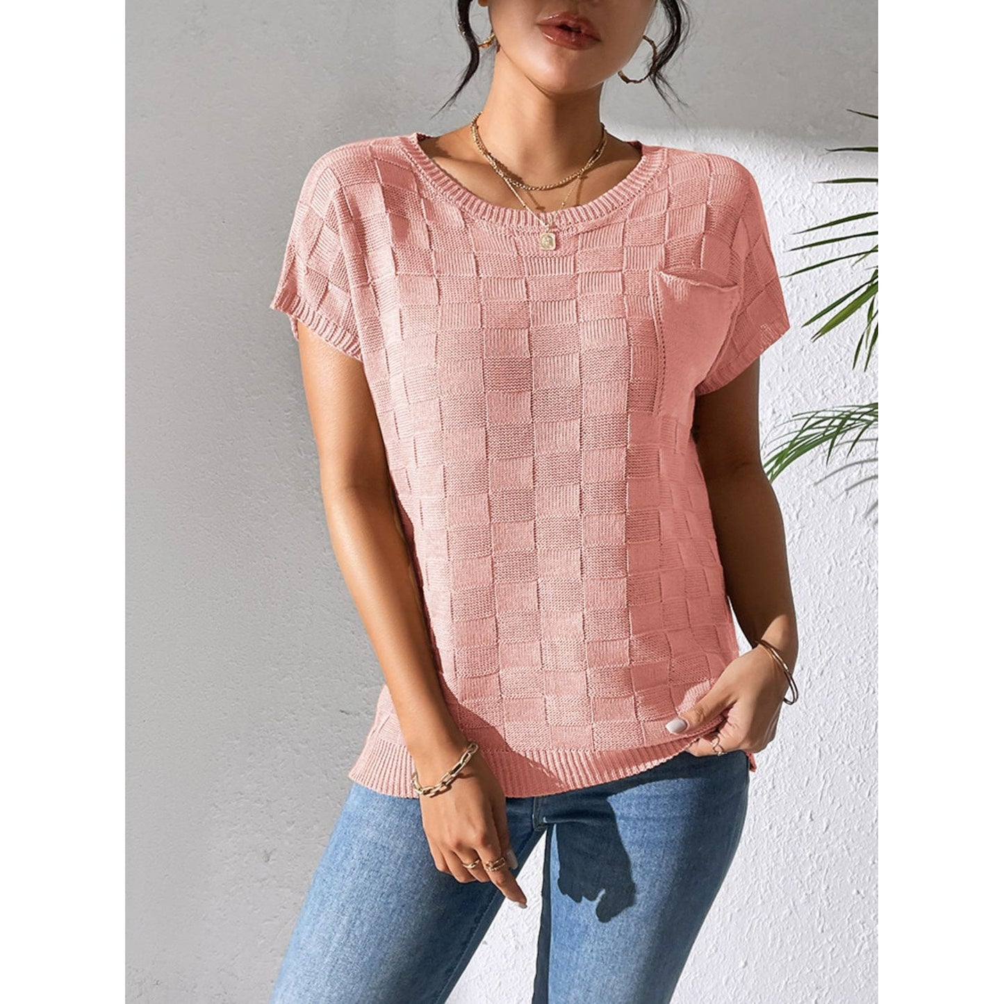 Round Neck Short Sleeve Knit Top