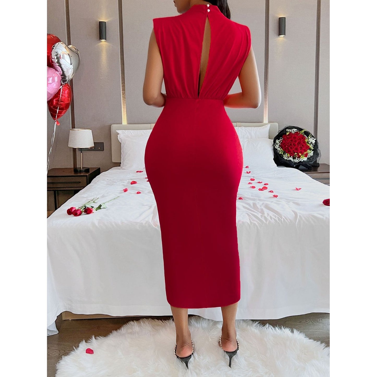 Cutout Slit Mock Neck Sleeveless Dress