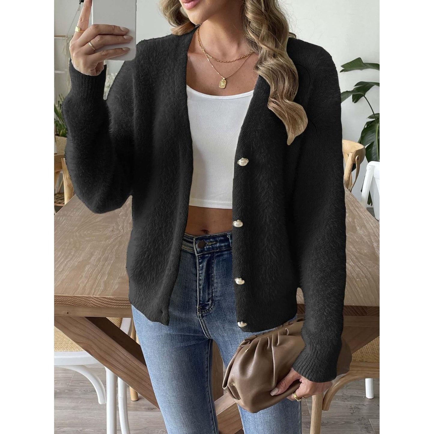 Button Up V-Neck Long Sleeve Cardigan