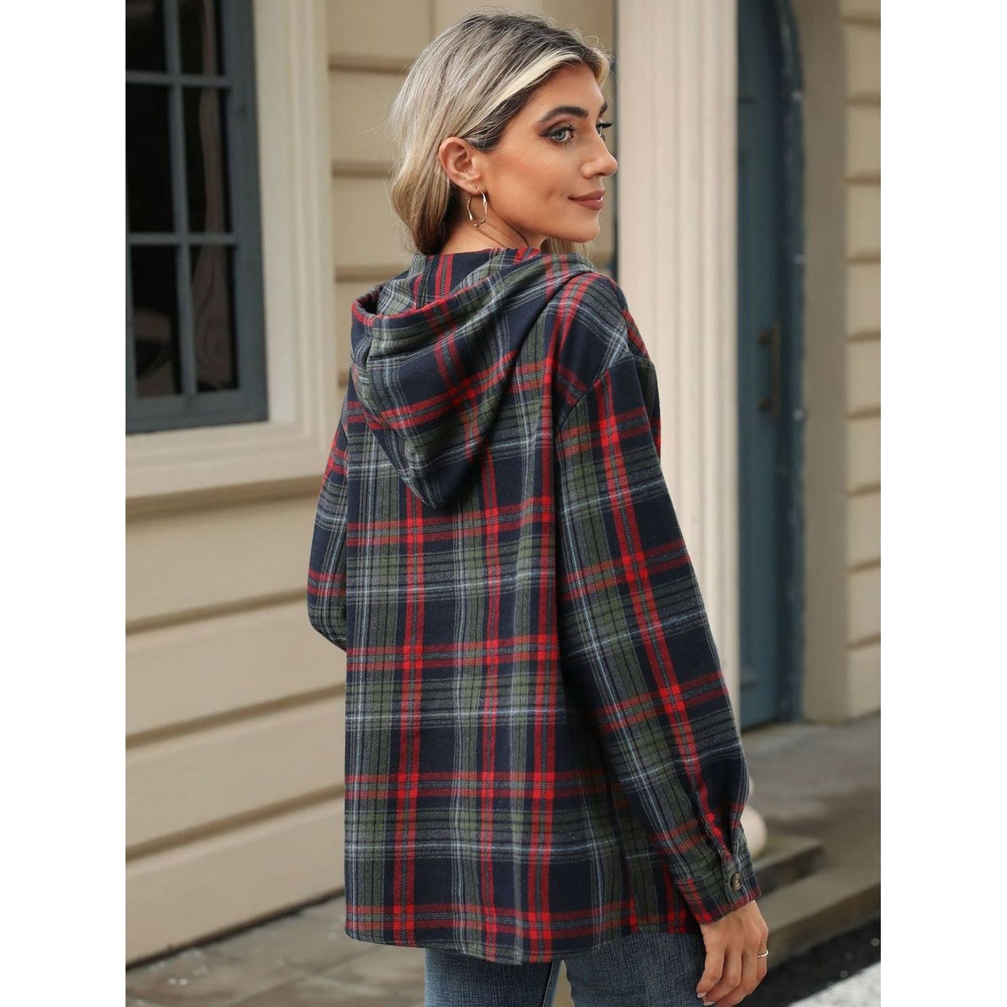 Drawstring Plaid Hooded Long Sleeve Top