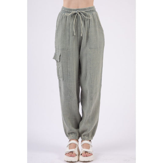 VERY J Washed Woven Crinkle Gauze Drawstring Pants