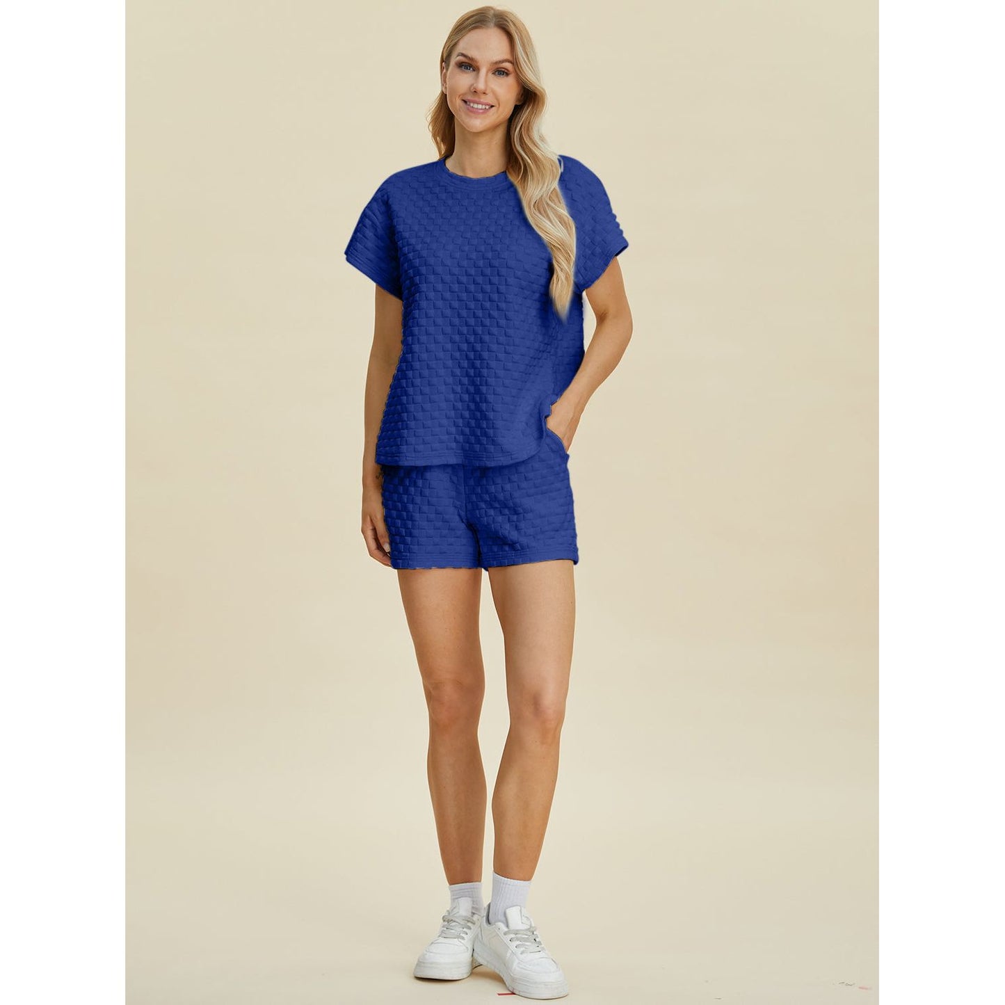 Double Take Full Size Texture T-Shirt and Shorts Set