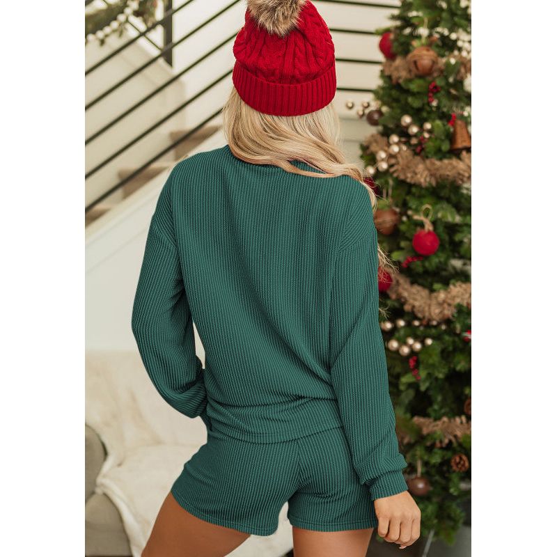 MERRY Round Neck Long Sleeve Top and Shorts Lounge Set