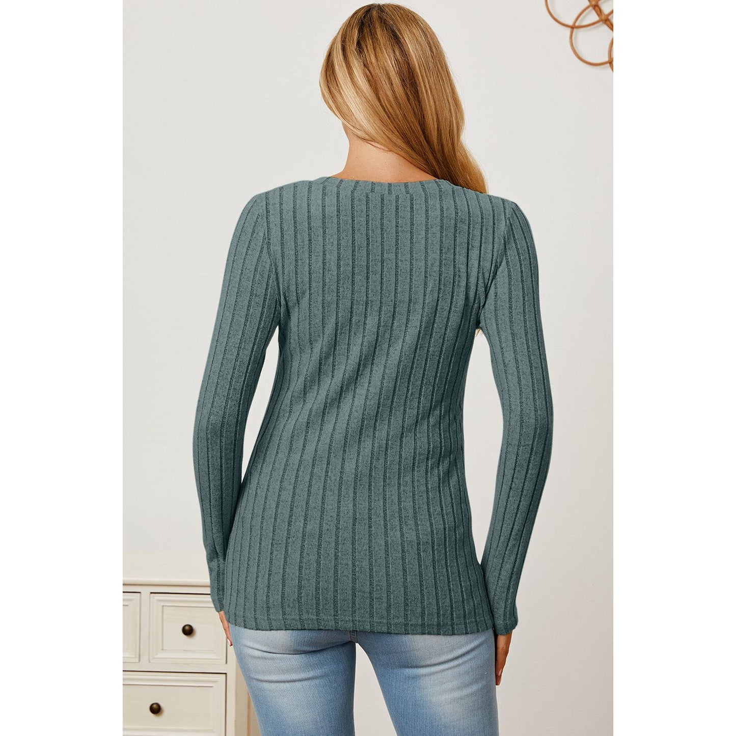 Basic Bae Full Size Ribbed V-Neck Long Sleeve T-Shirt