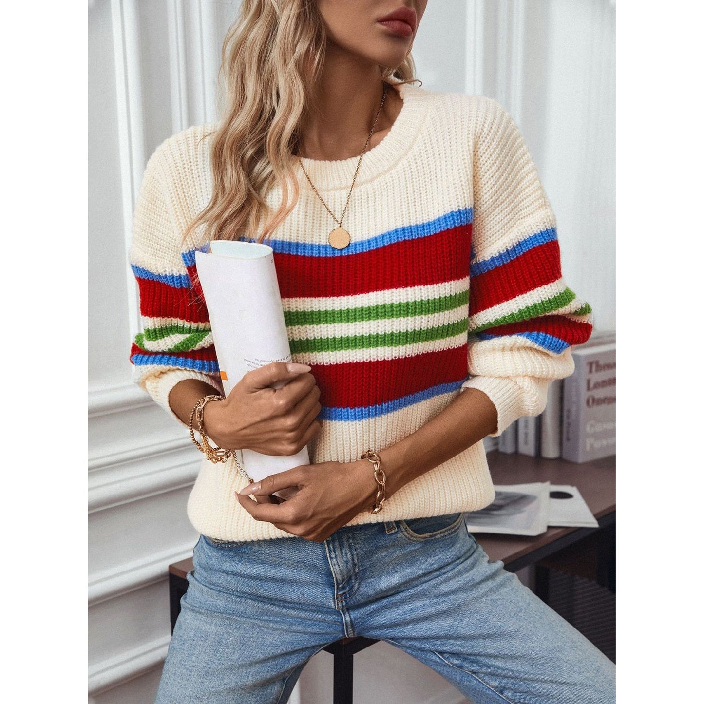 Contrast Stripes Round Neck Long Sleeve Sweater