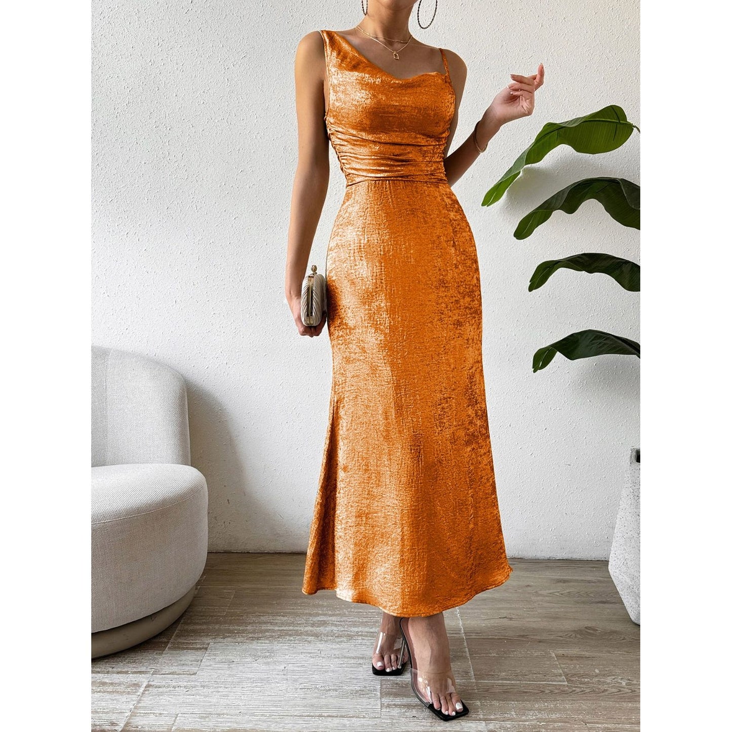 Honey Asymmetric Neck Sleeveless Midi Dress