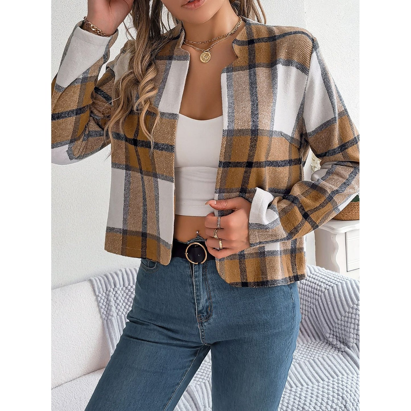 Plaid Open Front Long Sleeve Jacket