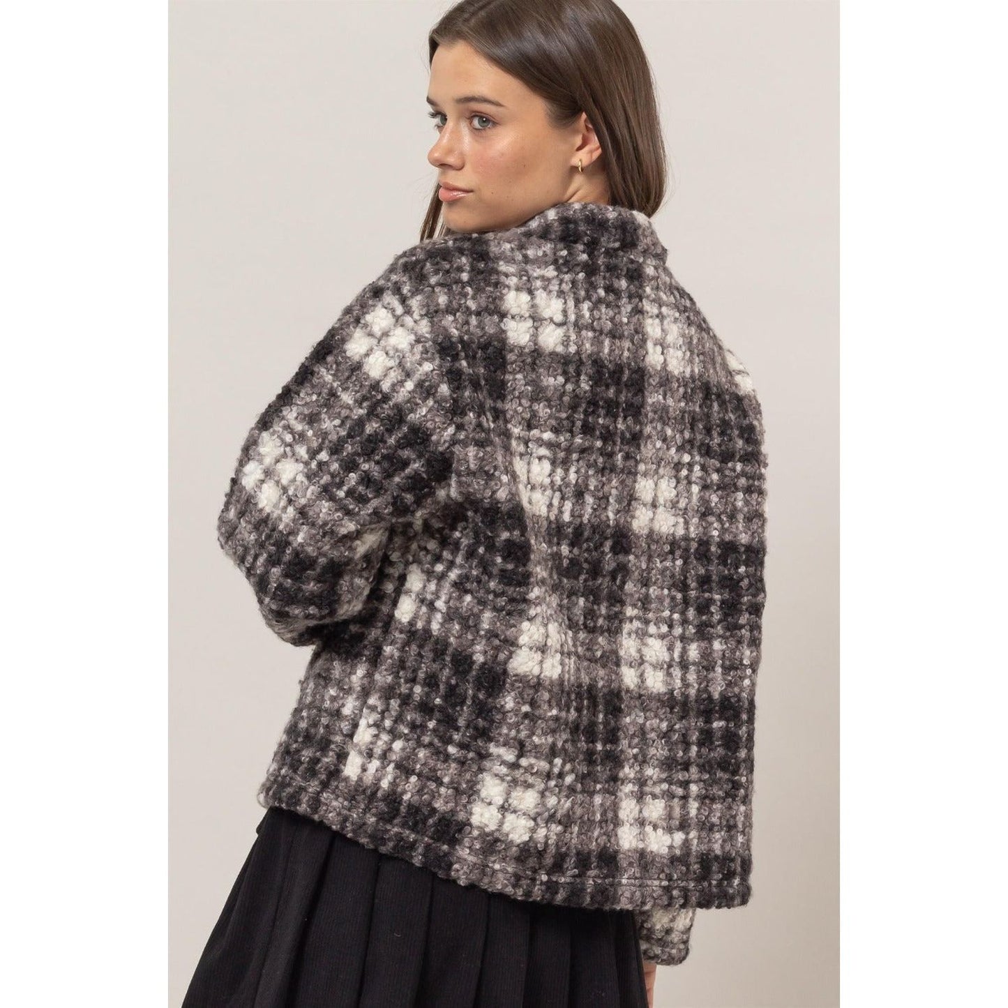 HYFVE Plaid Collared Neck Boucle Jacket with Pockets