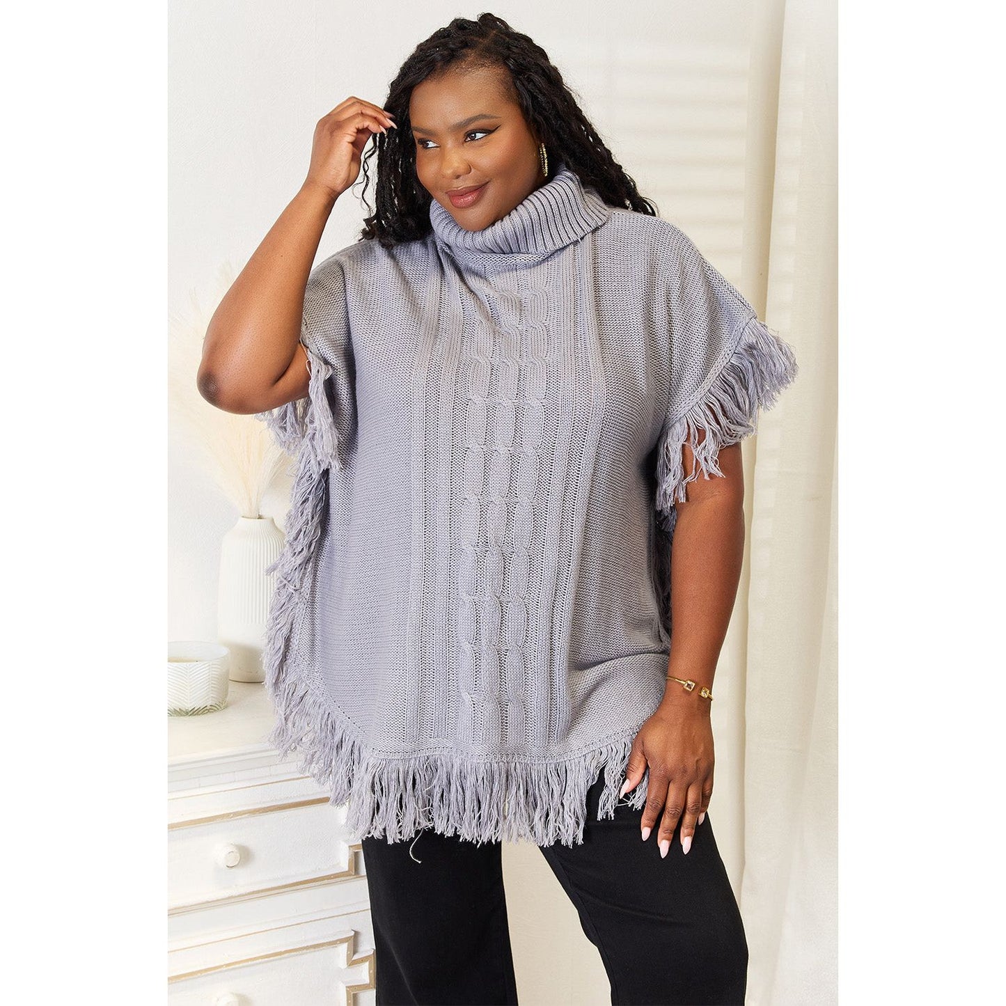 Justin Taylor Turtle Neck Fringe Poncho