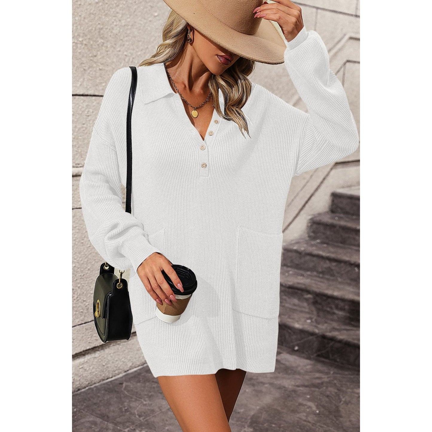 Johnny Collar Drop Shoulder Sweater Dress