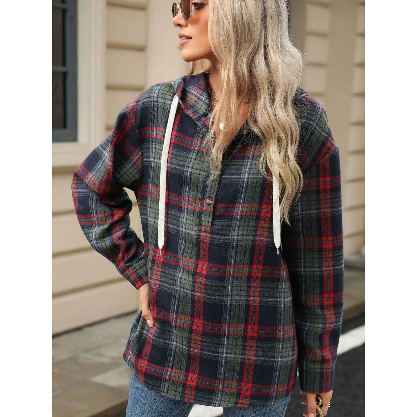 Drawstring Plaid Hooded Long Sleeve Top