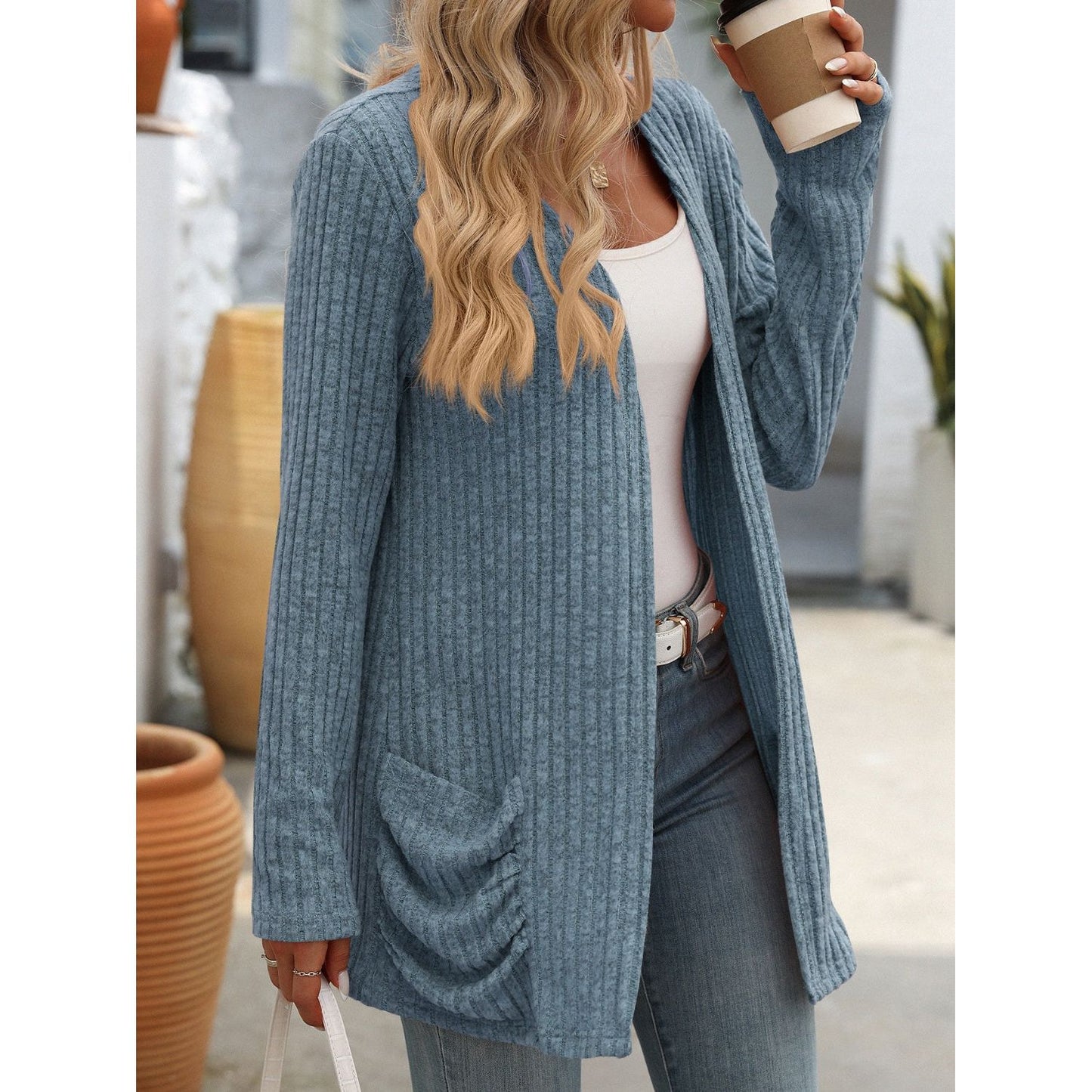 Open Front Long Sleeve Ribbed Cardigan