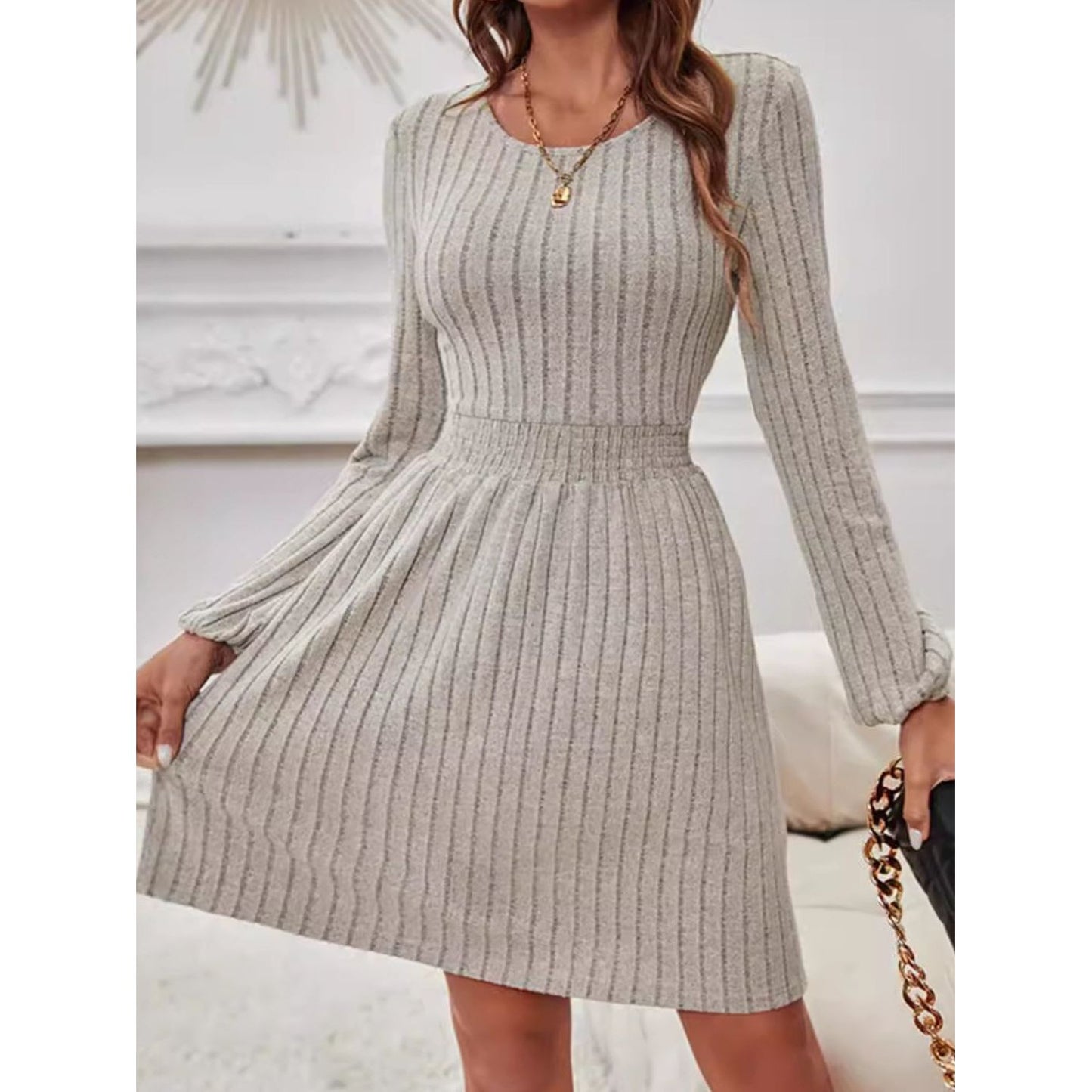 Smocked Round Neck Long Sleeve Knee Length Dress