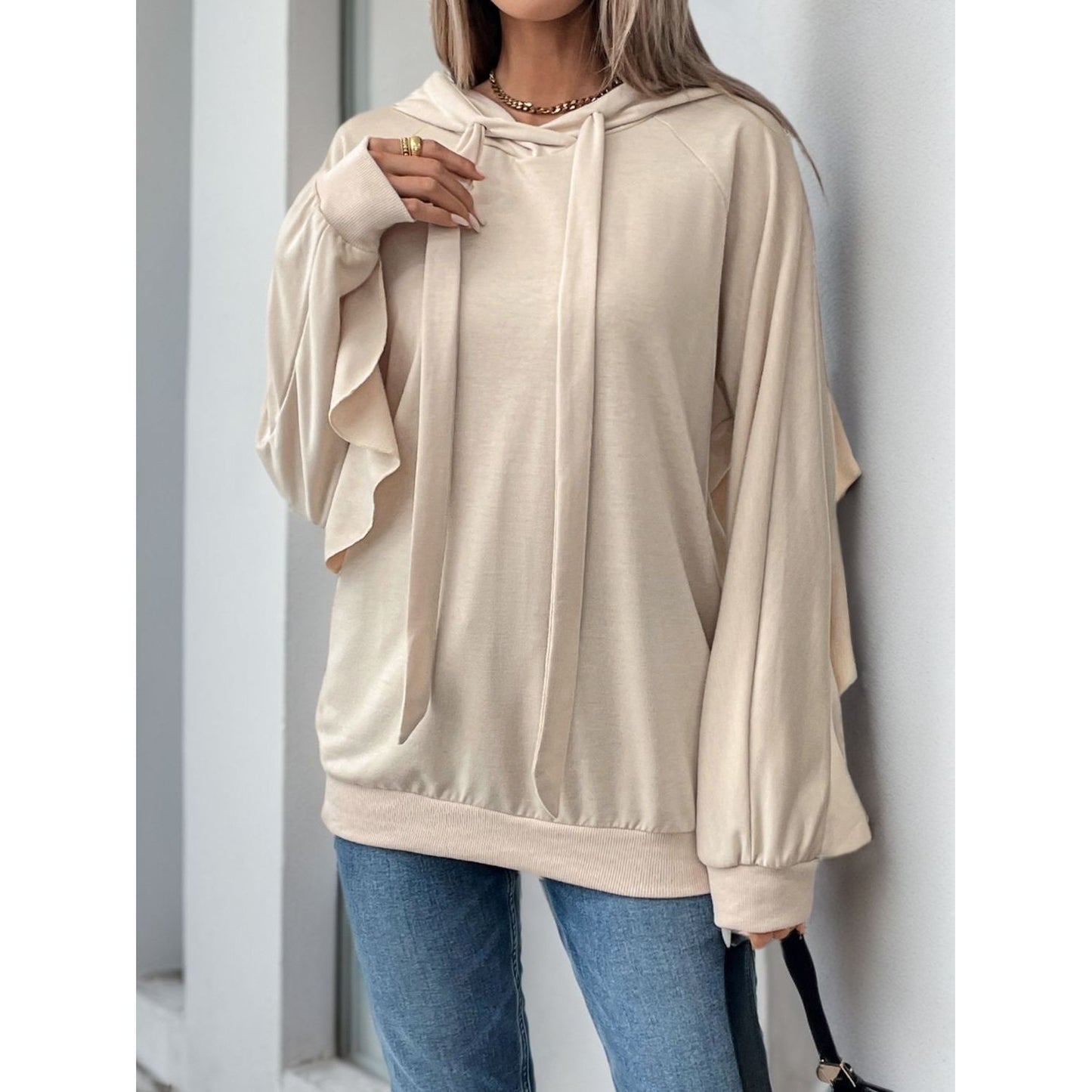 Perfee Drawstring Ruffled Long Sleeve Hoodie