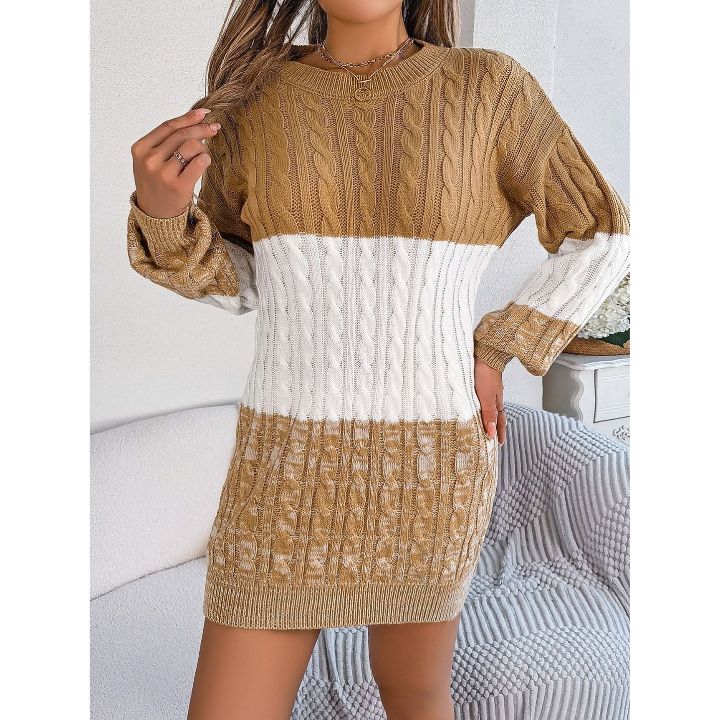 Cable-Knit Round Neck Color Block Sweater Dress