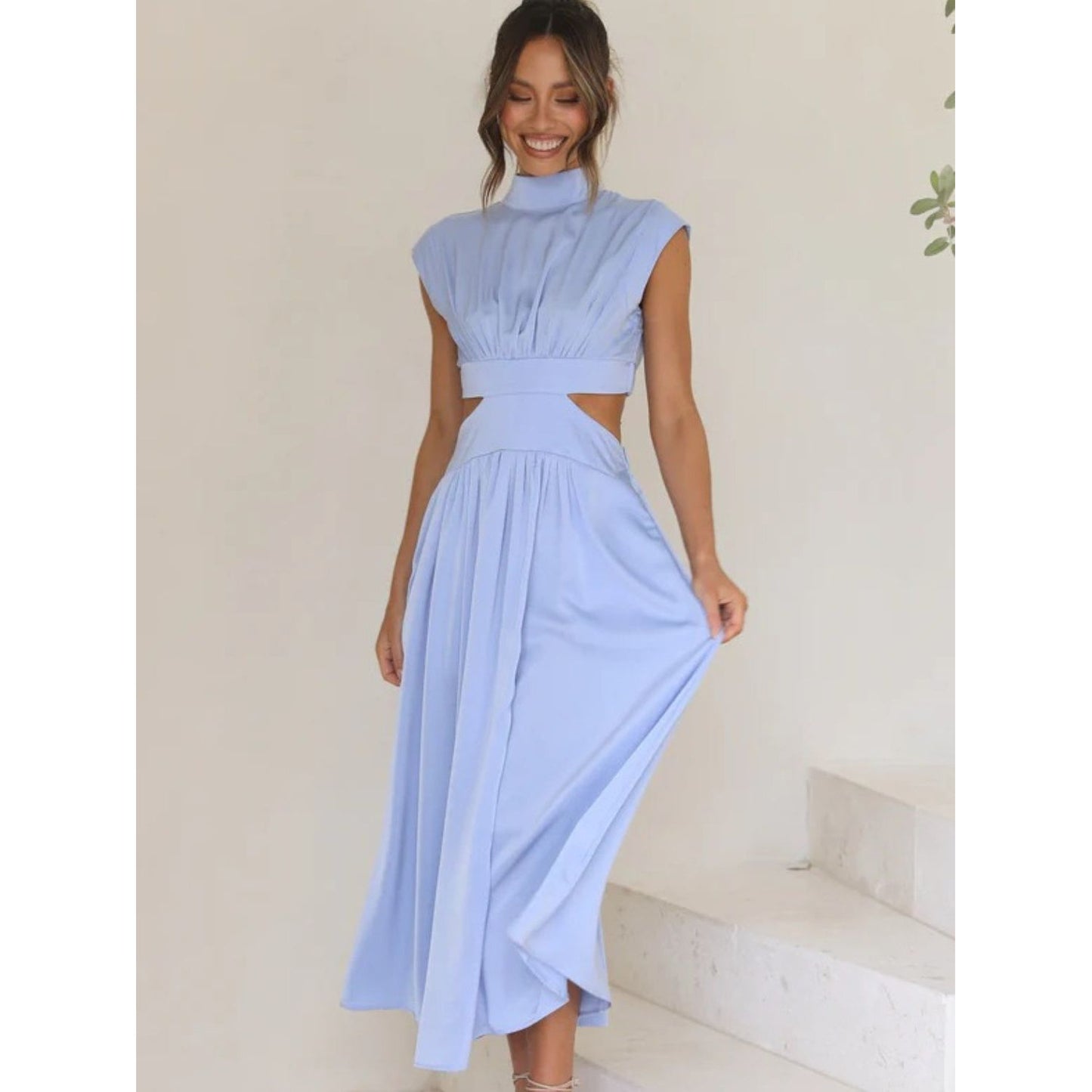 Cutout Mock Neck Sleeveless Ruched Dress