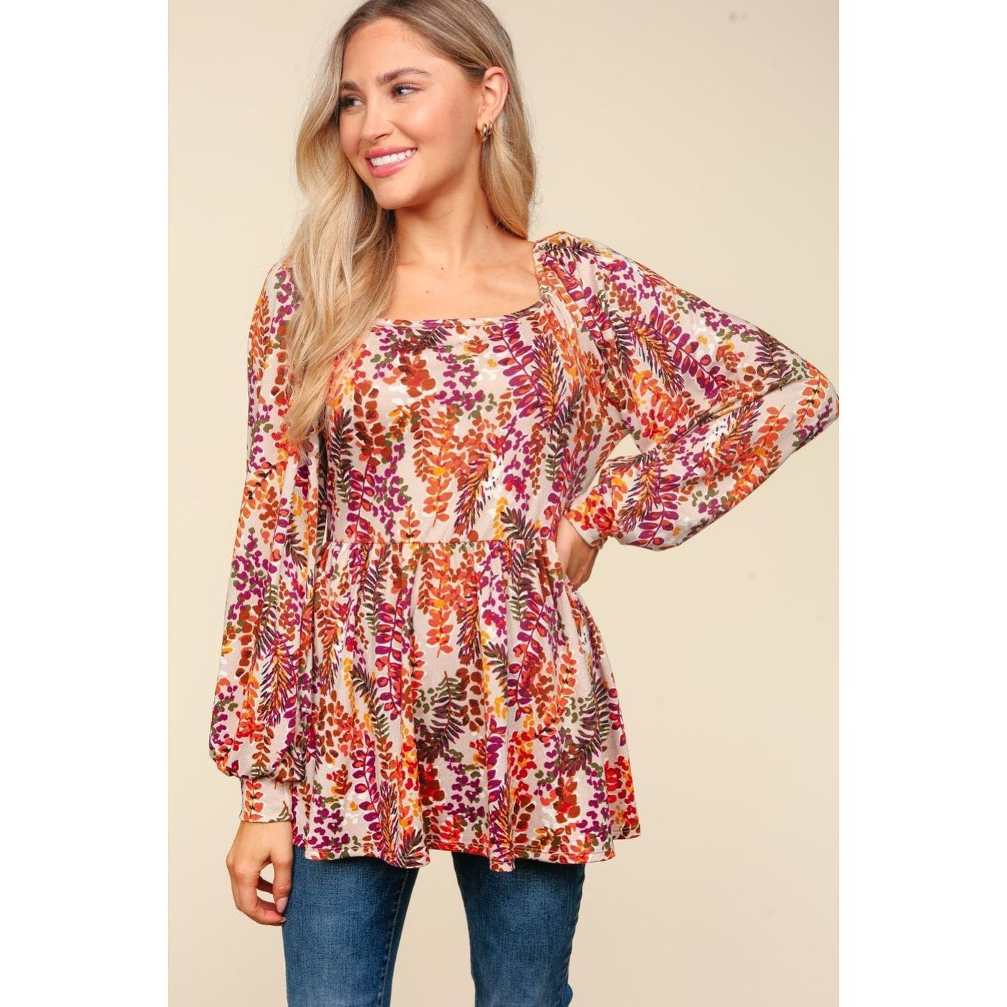 Haptics Full Size Peplum Floral Square Neck Blouse