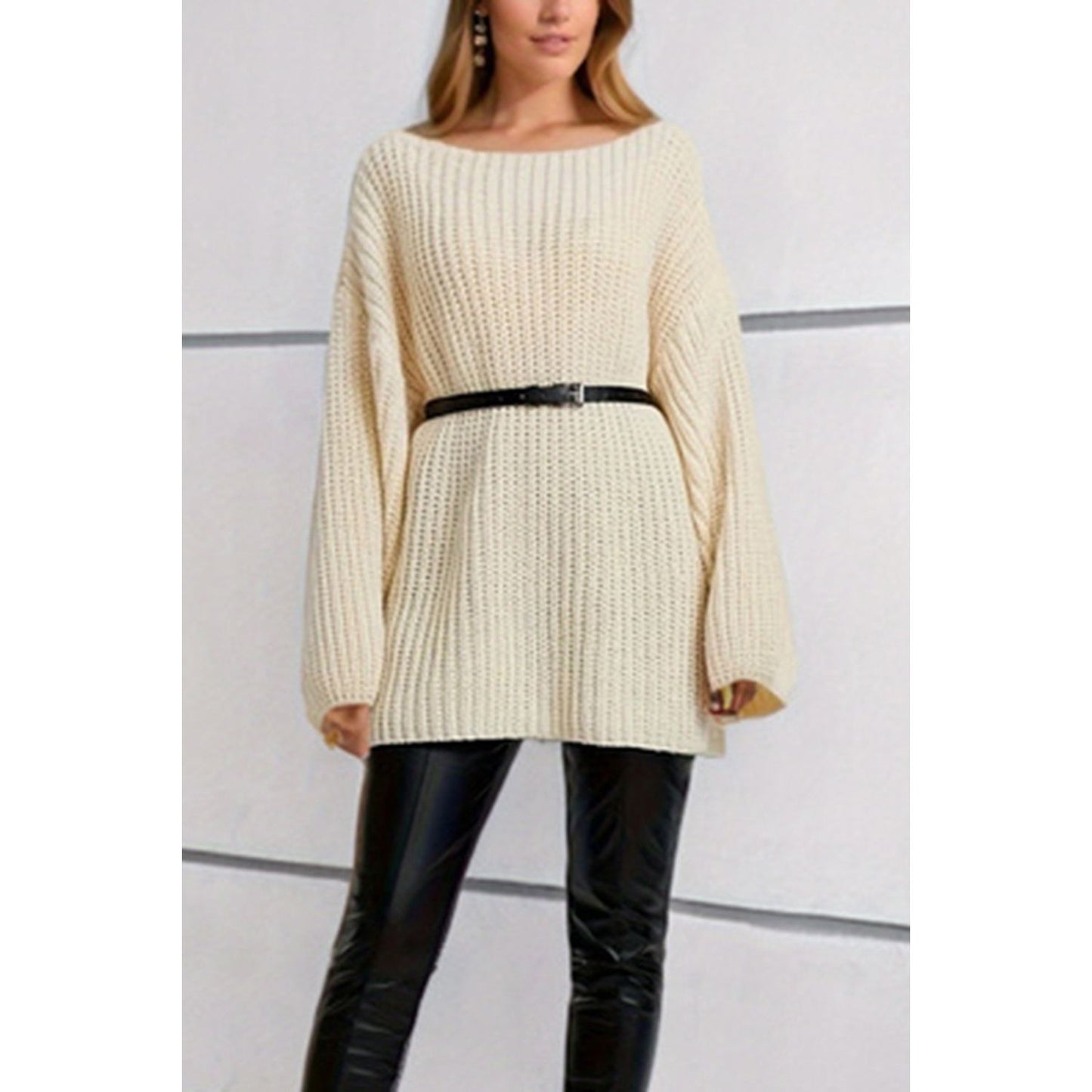 Boat Neck Dropped Shoulder Mini Sweater Dress