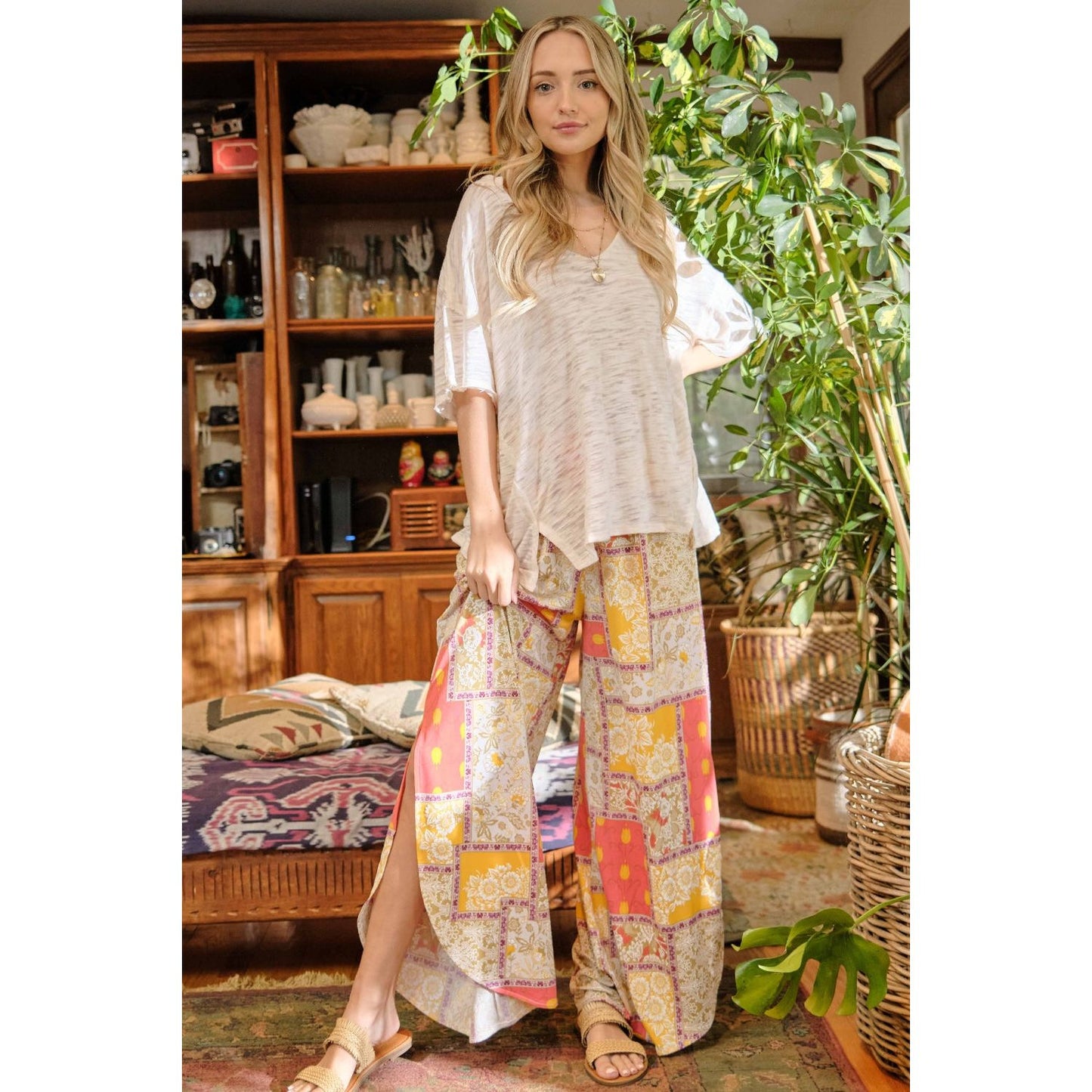 And The Why Printed Smocking Waist Side Slit Wide Leg Pants