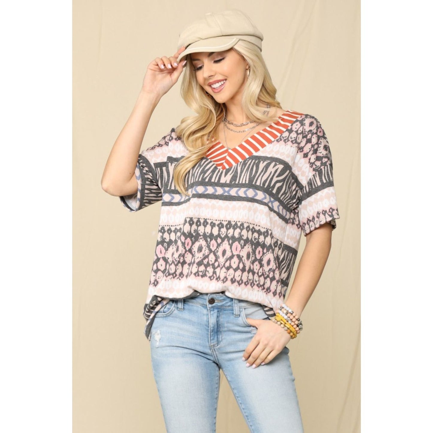 Celeste Full Size Striped V-Neck Short Sleeve T-Shirt