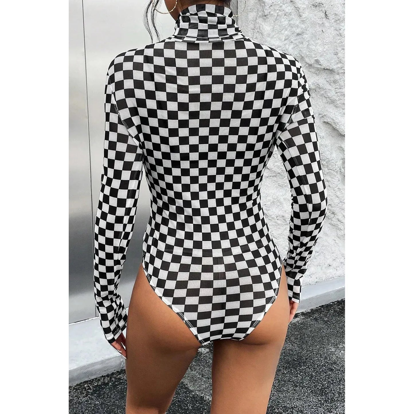 Checkered Turtleneck Long Sleeve Bodysuit