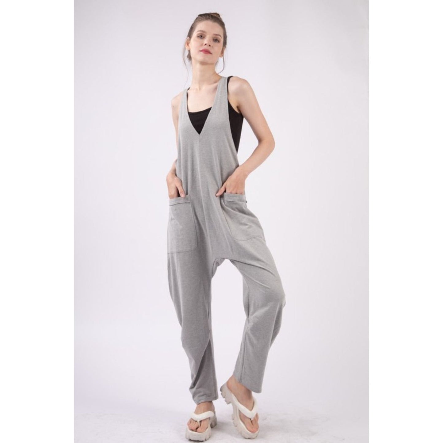 VERY J  Plunge Sleeveless Jumpsuit with Pockets