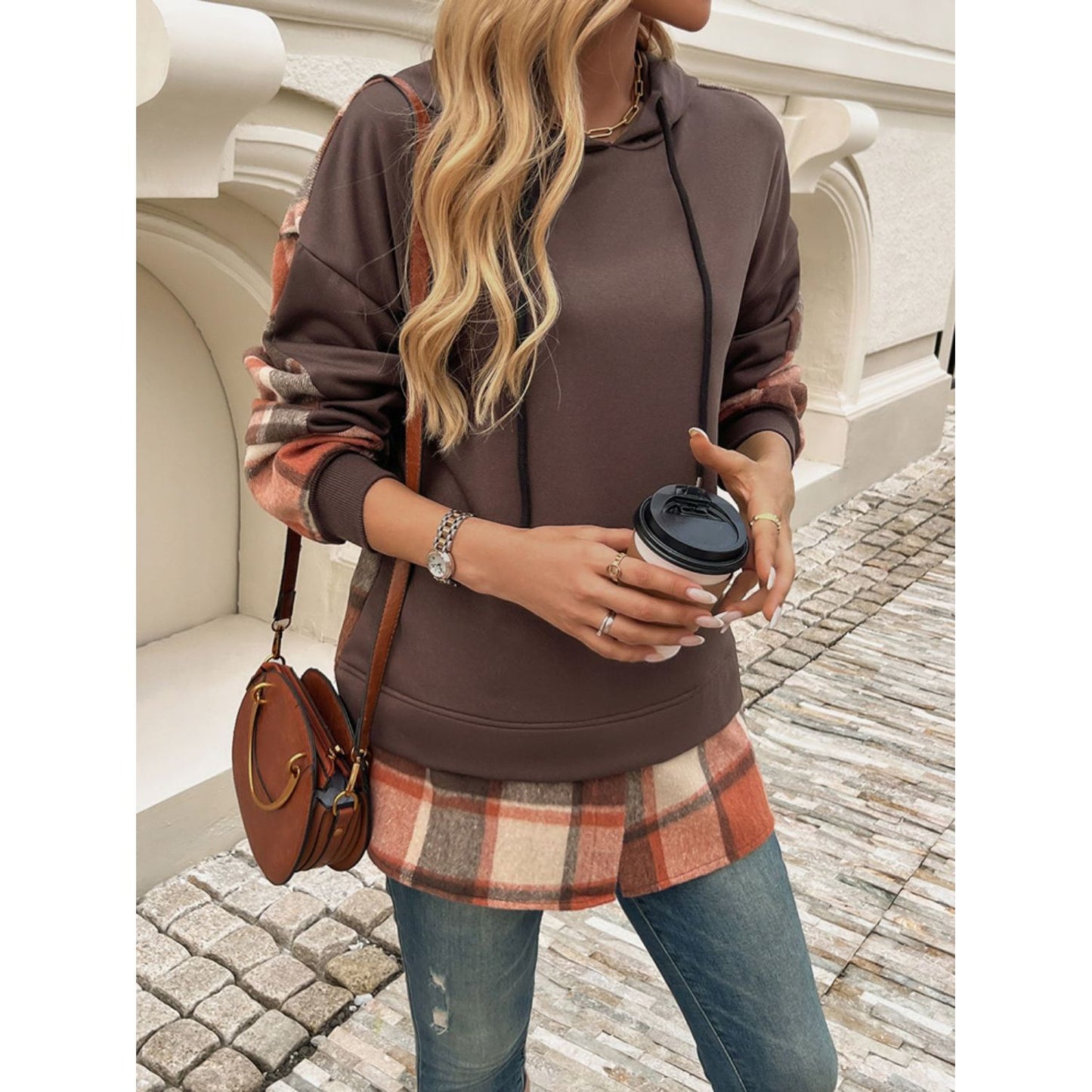 Devine Drawstring Plaid Long Sleeve Hoodie