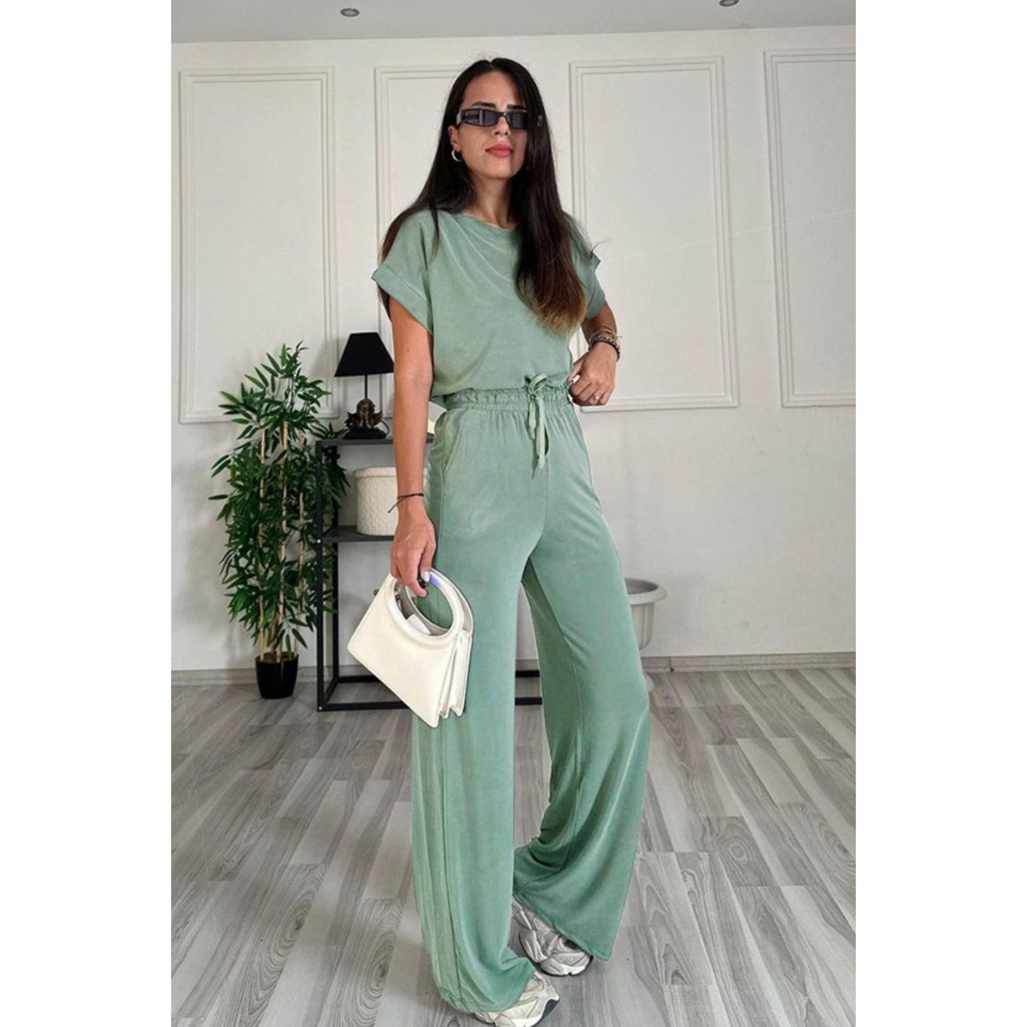 Round Neck Short Sleeve Top and Drawstring Pants Set