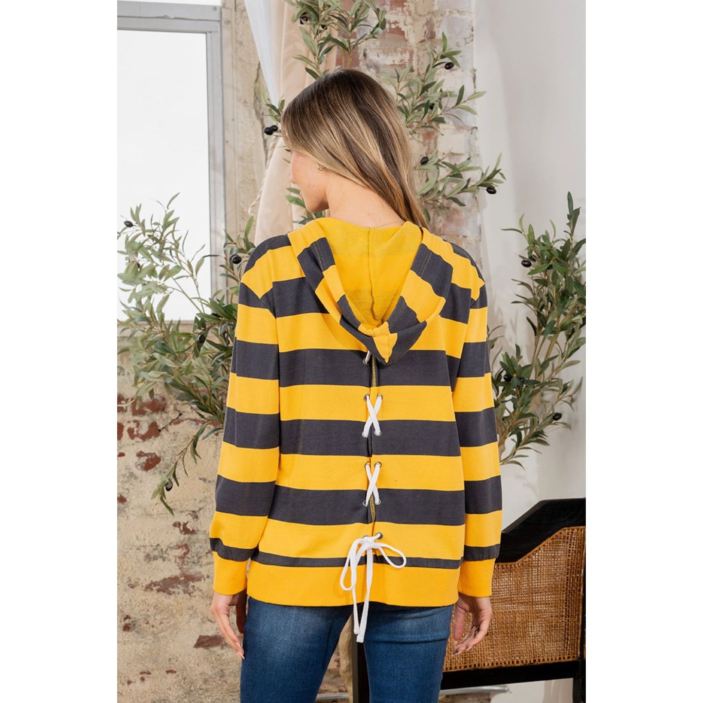 Full Size Drawstring Striped Long Sleeve Hoodie